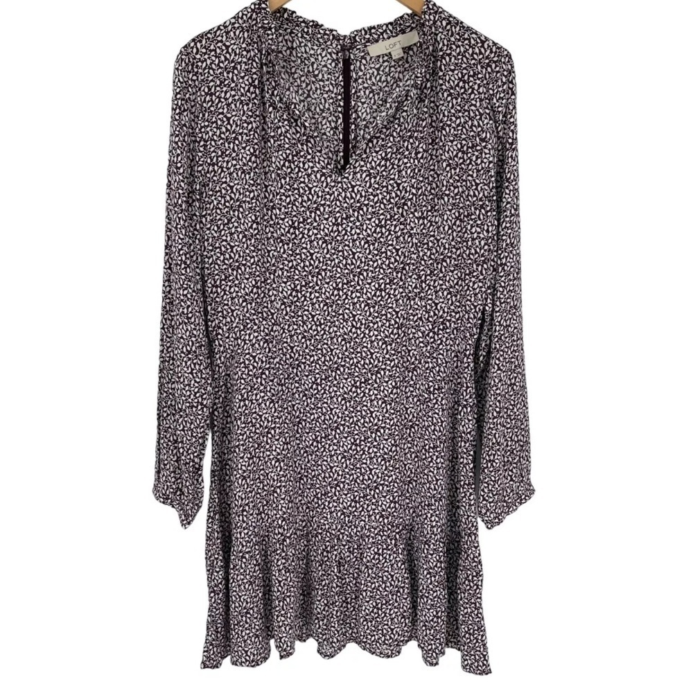Loft Vine Ruffle Tie Neck Dress Knee Length Long Sleeves Purple Women Size 2